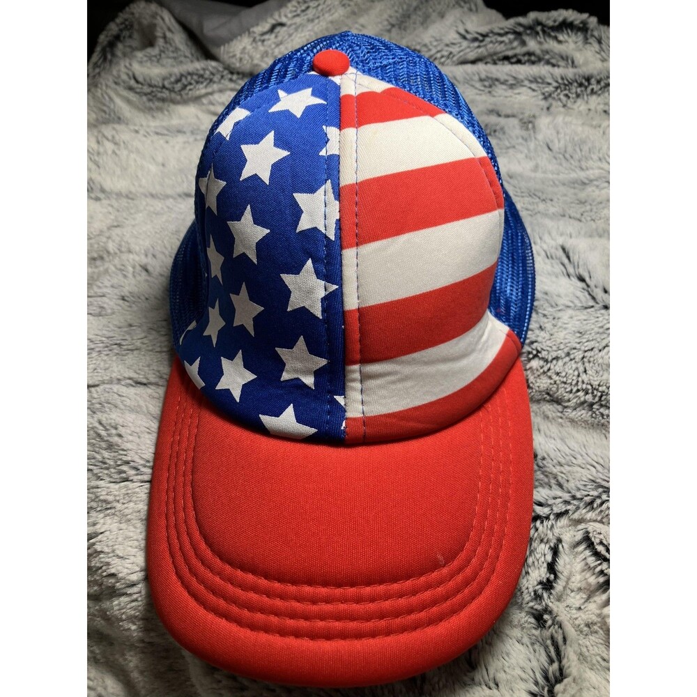 USA Flag Hat Cap Snap Back Mens One Size Red White Blue Mesh Trucker Patriotic